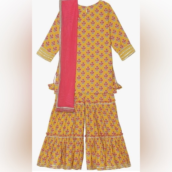 BIBA Girls NWT Yellow Poly Viscose Straight Printed Kurta Sharara Set 8-9 Formal - Picture 2 of 15